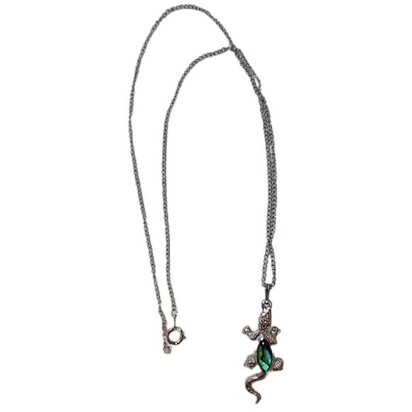 Vtg Abalone Gecko Pendant Necklace Lizard Reptile Silver Tone Shell 18" Chain - Picture 11 of 16